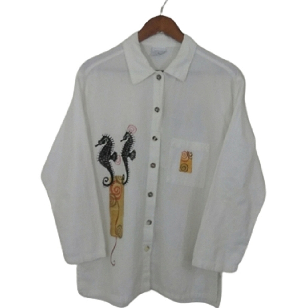 Color Me Cotton (CMC) White Embroidered Seahorse Button Down Shirt - Size Small